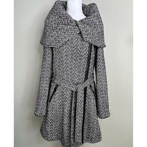 Mo-Ka Wrap Coat Tweed Womens‎ M Asymmetrical Zip Shawl Collar Artsy Tie Waist